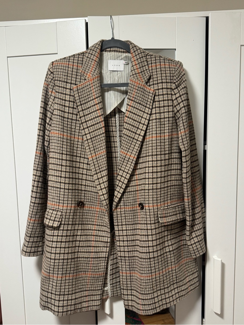 Lush Beige Plaid Blazer with Orange Windowpane